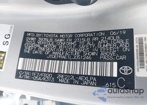 2020 Toyota Corolla Le z USA, uszkodzony, nr VIN JTDEPRAE1LJ051246
